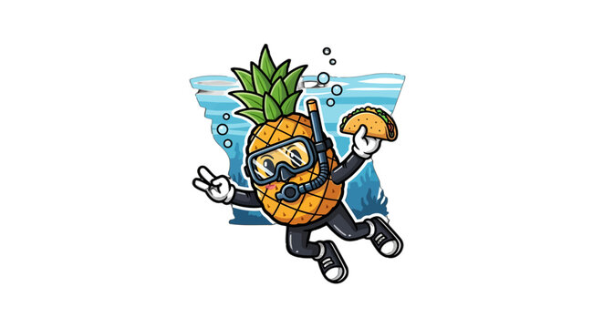 Whimsical Pineapple Character Scuba Diving Underwater Adventure.
