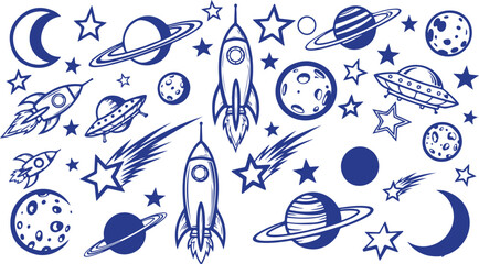 Cosmic Space Elements: Rockets, Planets, Stars, and UFOs in a Blue Pattern © Nayem