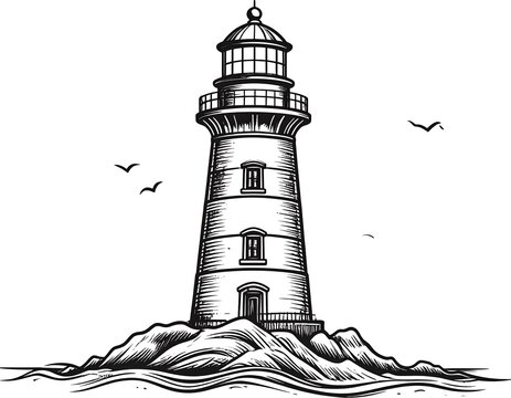 Detailed Vintage Lighthouse Standing on Rocky Island in Calm Sea
