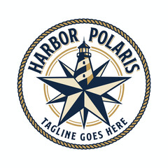 Vintage-inspired circular logo featuring a lighthouse within a compass star, framed by a rope border, ideal for coastal, maritime, or travel businesses. © trendy