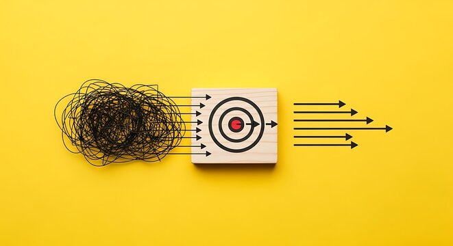 Minimalist conceptual showing a chaotic tangle of black lines entering a wooden block with a target and exiting as straight arrows