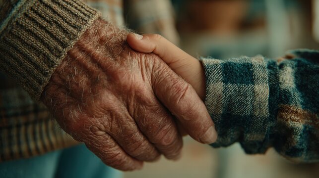 Aged Hand Clasping Young Hand In Closeup, Firm Gentle Grip Conveys Trust And Promise, Plaid Sleeve And Textured Knit Suggest Home Care Setting, Warmth And Compassion Between Generations, Supportive
