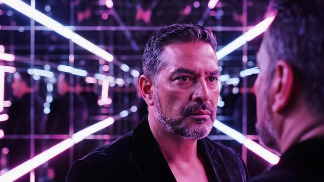 A man in a black jacket looks at another man in a futuristic setting
