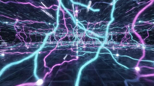 Neon glowing lines intersect across a dark grid to form a complex digital network landscape.