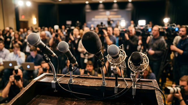 A row of professional microphones awaiting speakers at a busy press conference, symbolizing public address and information dissemination to a gathered media crowd