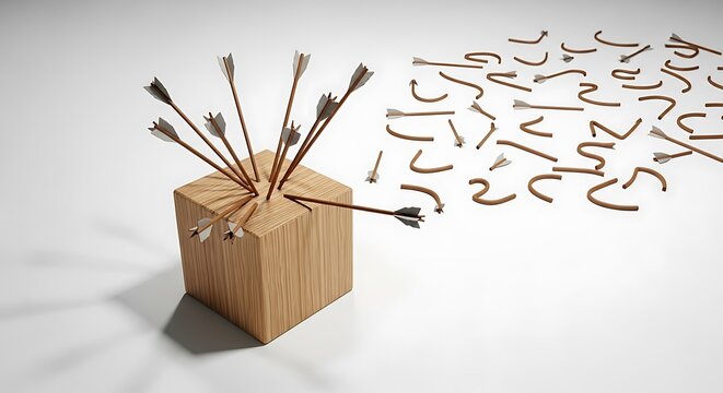 Wooden cube with multiple arrows stuck in the and one arrow piercing the side, surrounded by scattered bent arrows on a white background
