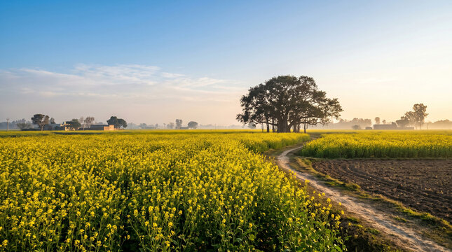 Mustard Field in Indian Rural Landscape with Banyan Tree at Morning