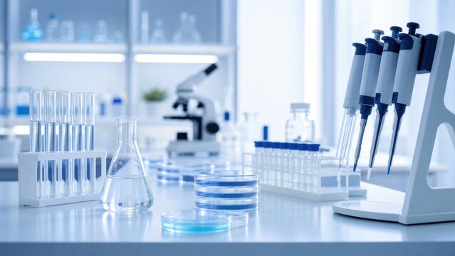Laboratory setup with various glassware and instruments displayed on a counter in a well-lit research space