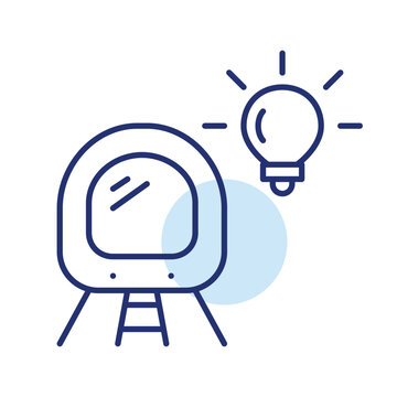 Subway train on rails and light bulb. Urban transportation ideas and technologies. Pixel perfect, editable stroke vector icon