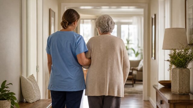 Caregiver assists elderly woman in a hallway during daytime at a senior living facility