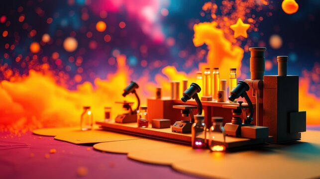Miniature laboratory scene. Colorful nebula background. Orange glow illuminates equipment, bottles, microscopes. Dramatic lighting creates surreal atmosphere.