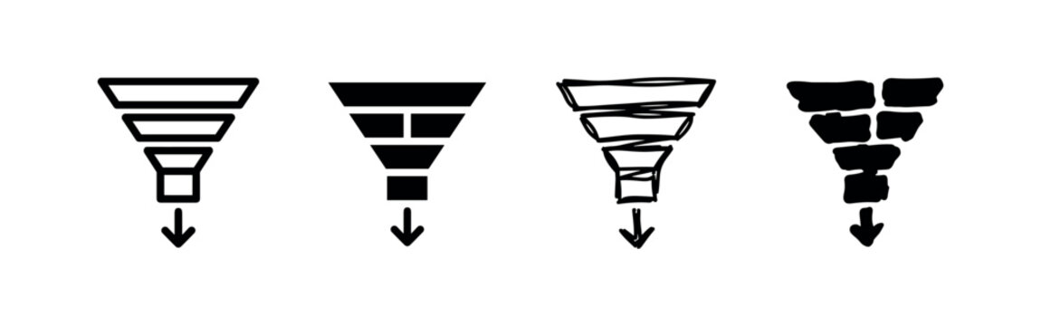 Funnel icon with downward arrow, representing filtering, data processing, or conversion