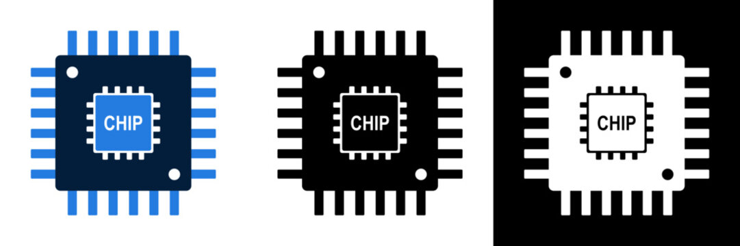 Microchip icon set for electronics and technology, featuring a central processing unit with the word CHIP clearly visible.