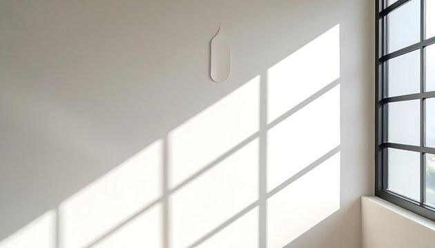 Minimalist cream colored abstract shape hanging on a plain wall with strong sunlight casting geometric shadows from a large industrial window, architectural detail, bright interior