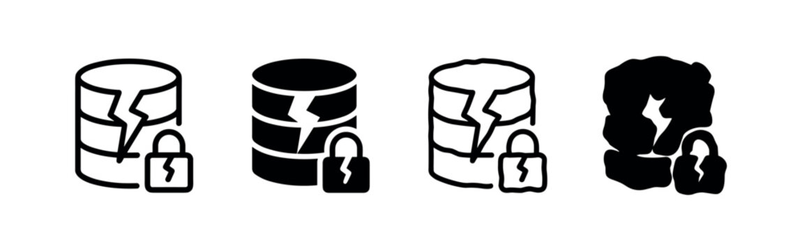 Broken Database and Padlock Icon Set, Data Breach Security Vulnerability Symbol, Compromised Database and Locked Data