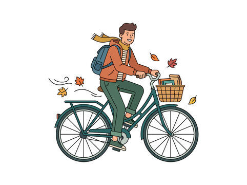 Young man riding a bicycle with a backpack during a windy autumn day in flat style