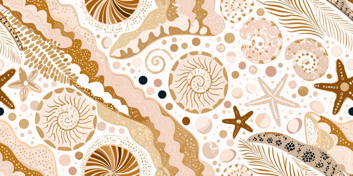 Seashell pattern abstract coastal illustration in warm neutral tones