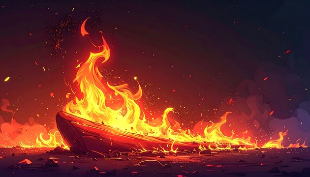 Burning wooden boat on fire at night.
