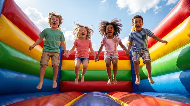 Joyful childhood Kids jumping and laughing on a colorful inflatable bouncy castle