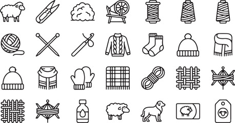 Wool, Knitting, and Textile Monoline Vector Icon Set. A Minimalist Collection of 49 Yarn Arts, Craft Tools, and Woolen Products on White Background. © Naima