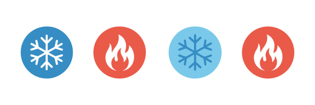 Hot and cold icon vector set featuring fire and snowflake symbols, heating and cooling temperature control button interface design, clean modern HVAC thermostat control system concept.