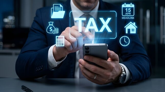 Man using smartphone for online tax filing with digital financial icons and deadline reminder