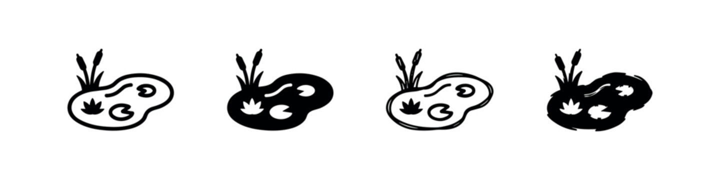 Four icons depicting ponds with aquatic plants and reeds
