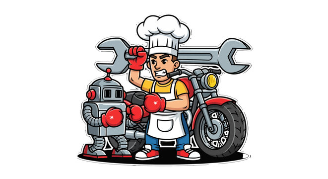 Cartoon Chef Mechanic with Robot and Motorcycle Illustration.