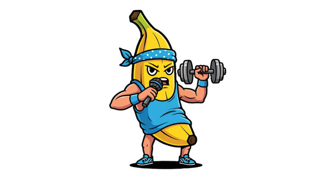 Funny Cartoon Banana Lifting Dumbbells Like Bodybuilder.