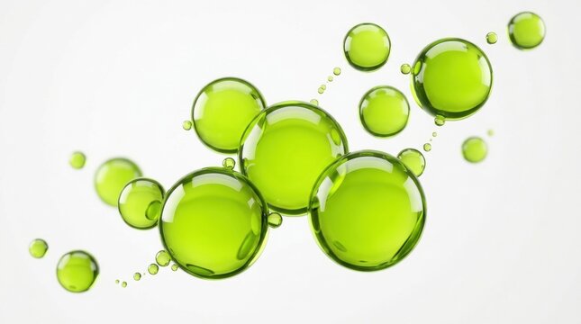 Green liquid bubbles on white background, organic oil spheres for cosmetic science, macro oxygen droplets for skincare and laboratory research
