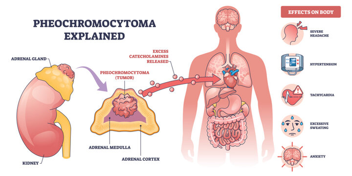 Pheochromocytoma explained, adrenal gland tumor triggers excess catecholamines causing heart stress, key objects, adrenal gland, tumor, heart. Outline diagram