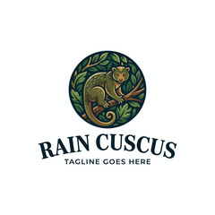 Beautifully detailed circular logo featuring a cuscus mammal perched on a branch surrounded by jungle foliage, perfect for wildlife conservation, rainforest tours, or exotic animal organizations. © canteen