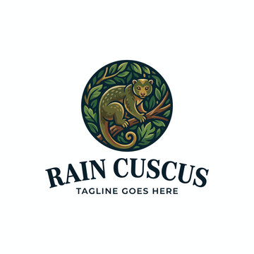 Beautifully detailed circular logo featuring a cuscus mammal perched on a branch surrounded by jungle foliage, perfect for wildlife conservation, rainforest tours, or exotic animal organizations.