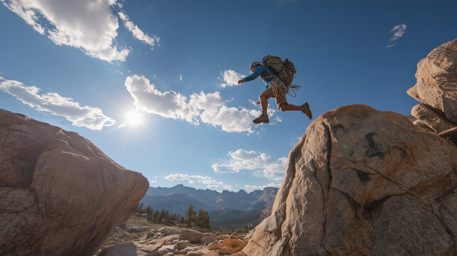 Leap of Faith: A lone hiker leaps across a rocky chasm, backpack strapped on, against a backdrop of a brilliant sun and expansive sky, embodying adventure and daring