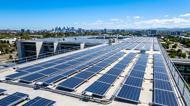 Aerial View of Large Solar Panel Array on Commercial Building Rooftop with City Skyline Renewable Energy Concept