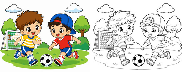 Naklejka premium children playing soccer coloring book page vector cartoon illustration activity set