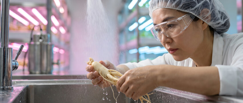 Female scientist washing ginseng root in laboratory vertical farm under running water faucet, focusing on agricultural biotechnology for herbal medicine development and research quality control.