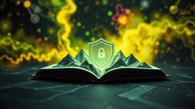 Open book displays shield icon. Background features glowing lines, particles, complex patterns. Represents knowledge security concept.