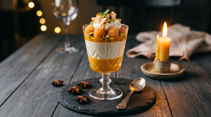 Obraz premium Delicious passion fruit dessert with whipped cream and mint in a glass cup on wooden table