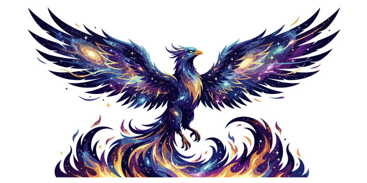 Colorful phoenix bird rising from flames vector illustration