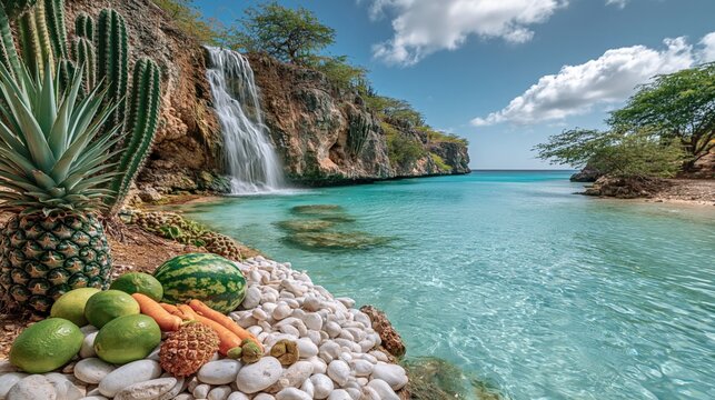 Tropical paradise with fresh fruits, waterfall, and crystal clear turquoise ocean water