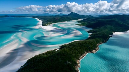 Fototapeta premium Whitsunday Wonder: Spectacular Aerial View of Whitehaven Beach Showcasing Swirling Silica Sands and Crystal-Clear Turquoise Waters Under Tropical Sunlight