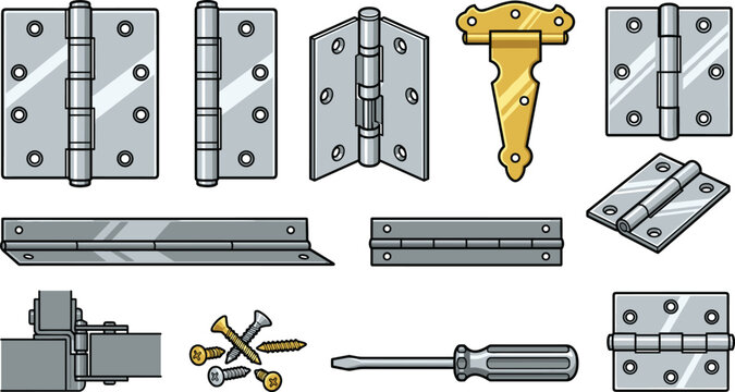 Metal Door Hinges and Hardware Vector Icon Set with Screws and Screwdriver for Carpentry Construction Renovations and Furniture Assembly Projects