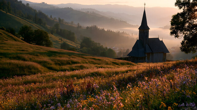 Carpathian Heritage: Ultra-Realistic Fine-Art Photograph of a Traditional Wooden Church in Maramureș, Nestled in Wildflower Meadows Under a Warm Golden Hour Sunset