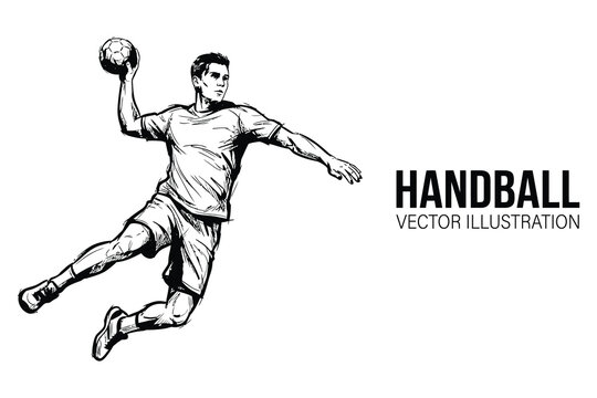 Handball player jumping and throwing ball black sketch vector illustration isolated on white background