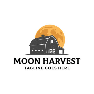 Atmospheric logo for an organic farm, agricultural business, or seasonal festival, featuring a traditional farmhouse under a full autumn moon.