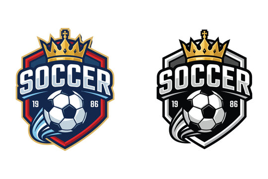 Soccer logo vector emblem set football club crest badge with gold crown and ball flat illustration isolated on white background