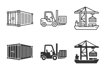 Fototapeta premium Industrial shipping and logistics icons with containers, forklifts, and cargo ships.