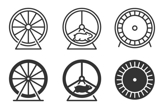 Set of black and white hamster wheel icons with running hamsters.