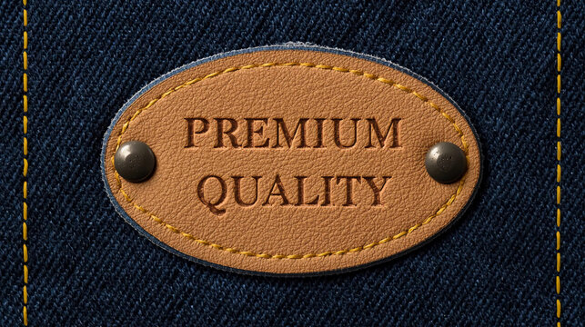 An oval tan leather patch debossed with "PREMIUM QUALITY" is attached horizontally with two rivets onto blue denim with yellow stitched lines.
